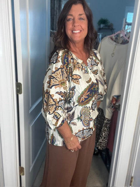 Cream Boho Paisley Puff Sleeve Blouse