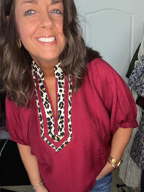 Garnet Dolman Sleeve Top with Animal Print Detail