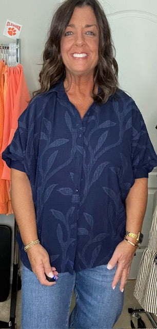 V neck Floral Detailed Top Navy