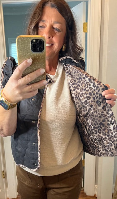 Quilted Ruffle Vest with Leopard Trim-Black