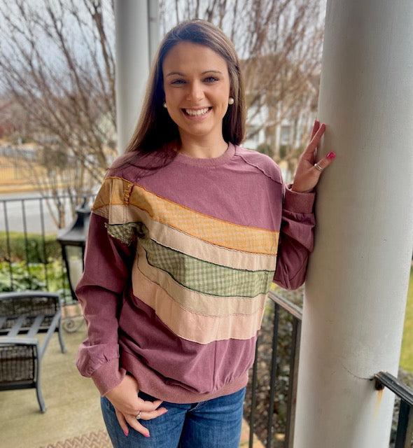 Color Mix Front Washed Terry Knit Pullover