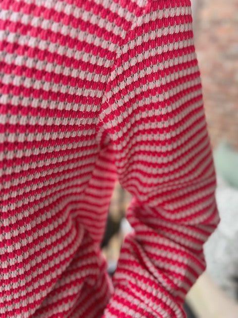 Stripe Round Neck Drop Shoulder Long Sleeve Top Pink