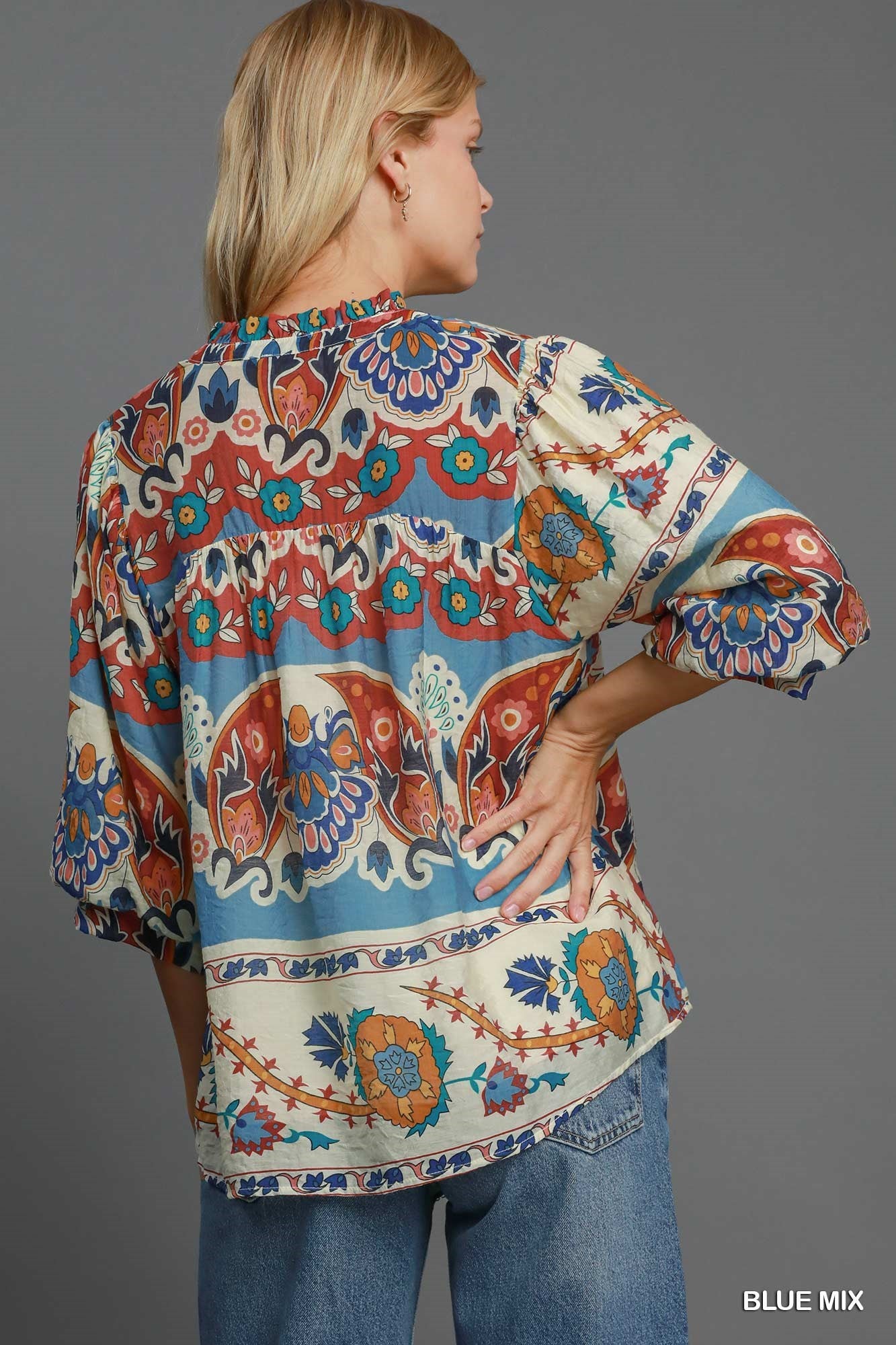 Blue Mix Split Neck Print Top