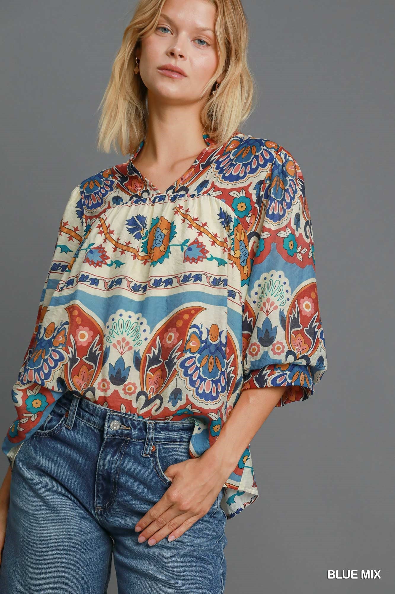 Blue Mix Split Neck Print Top