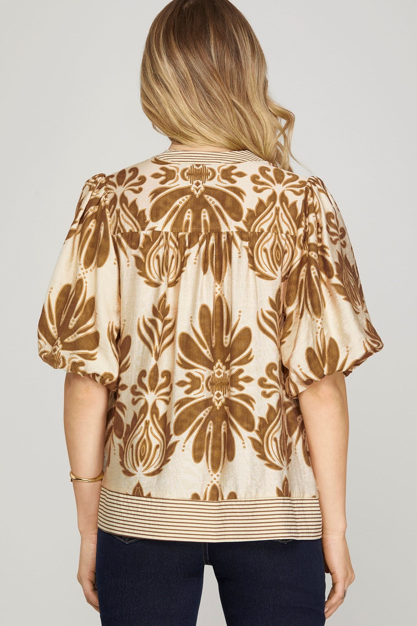 Camel Bubble Sleeve Printed Woven Top