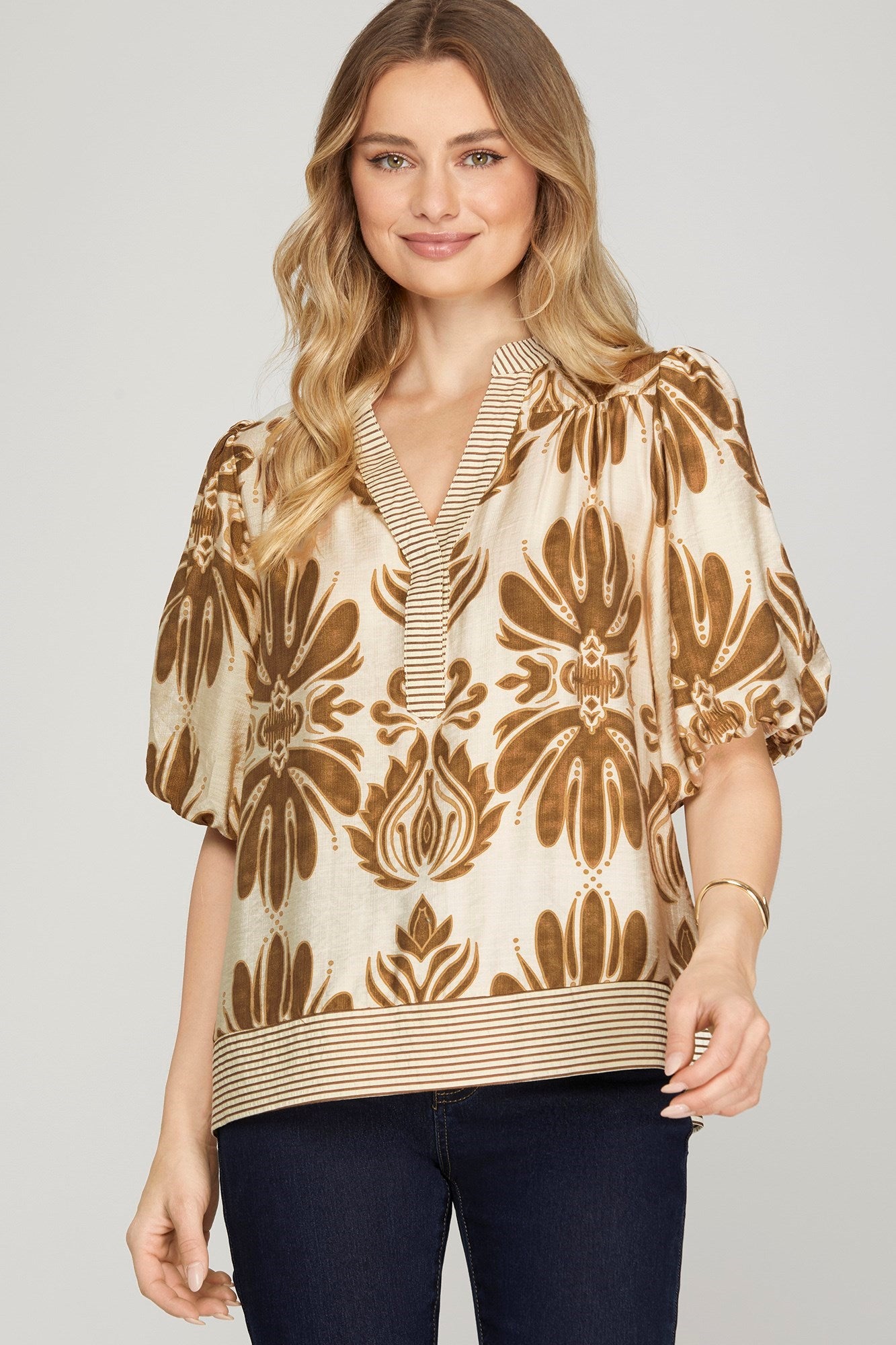 Camel Bubble Sleeve Printed Woven Top