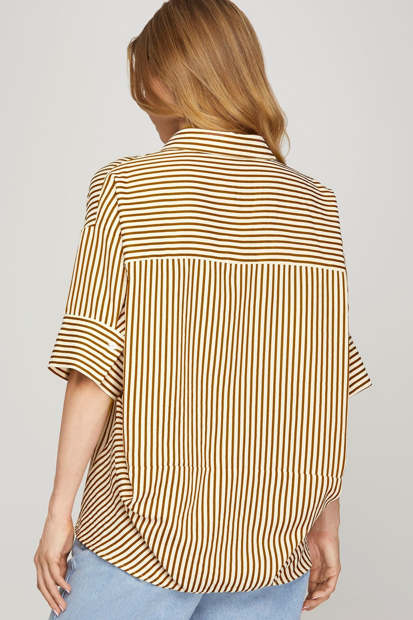 Brown Short Sleeve Oversized Striped Top