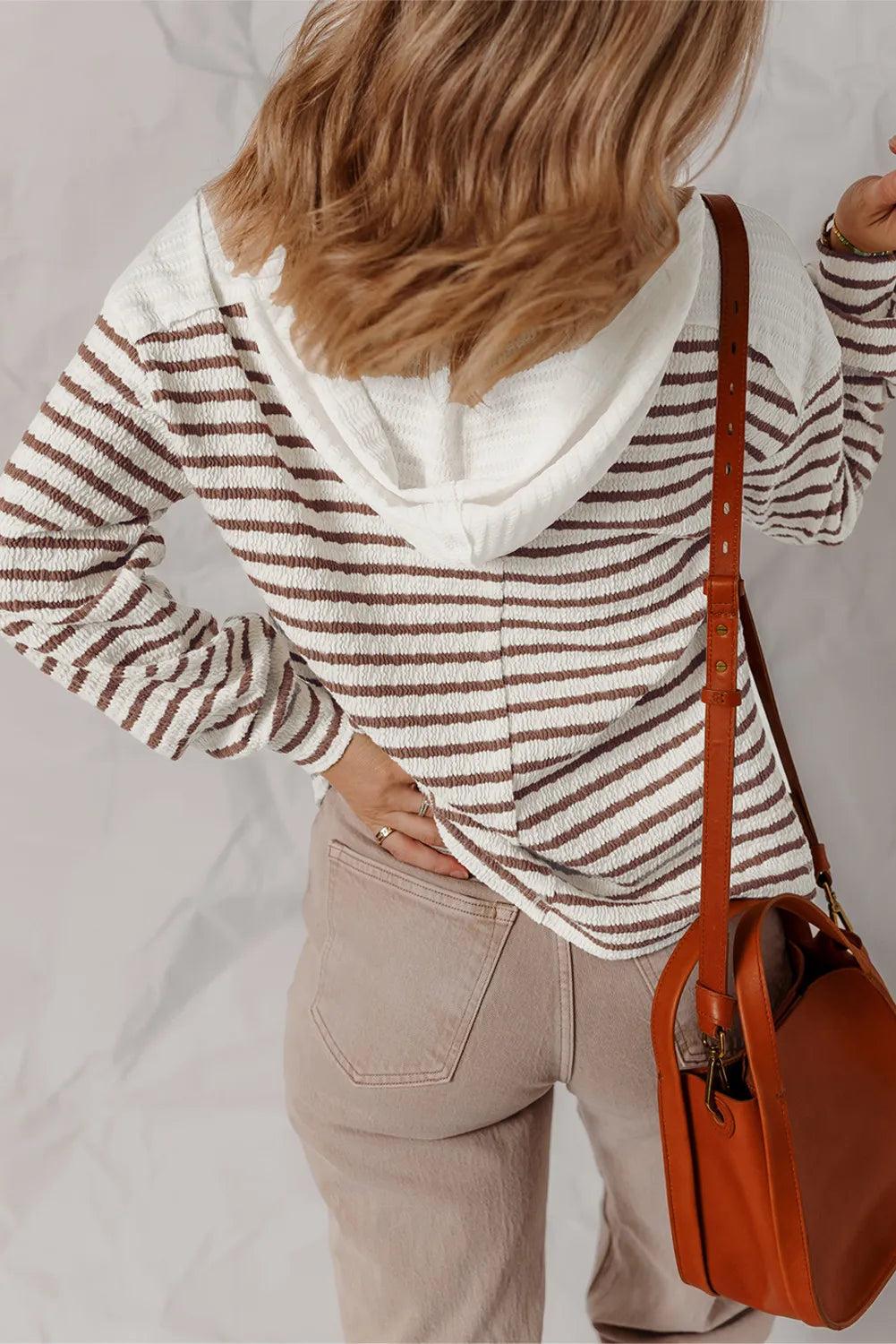 Khaki Stripe Textured Hooded V Neck Pullover