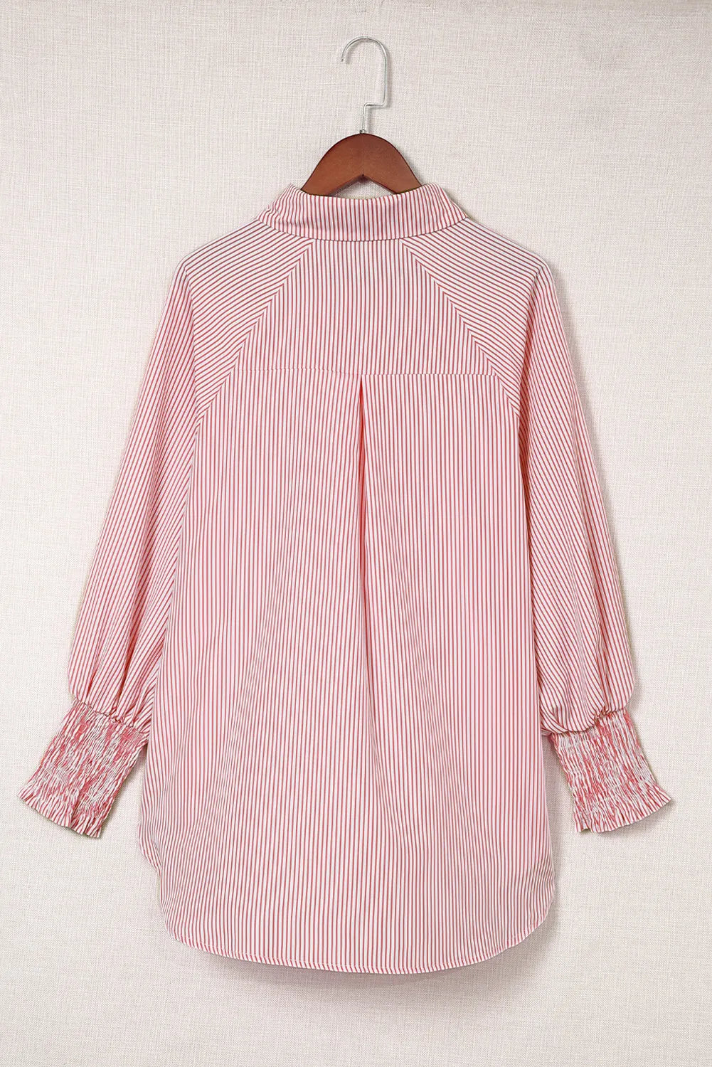 Red Striped Smocked Cuff Button Up Top