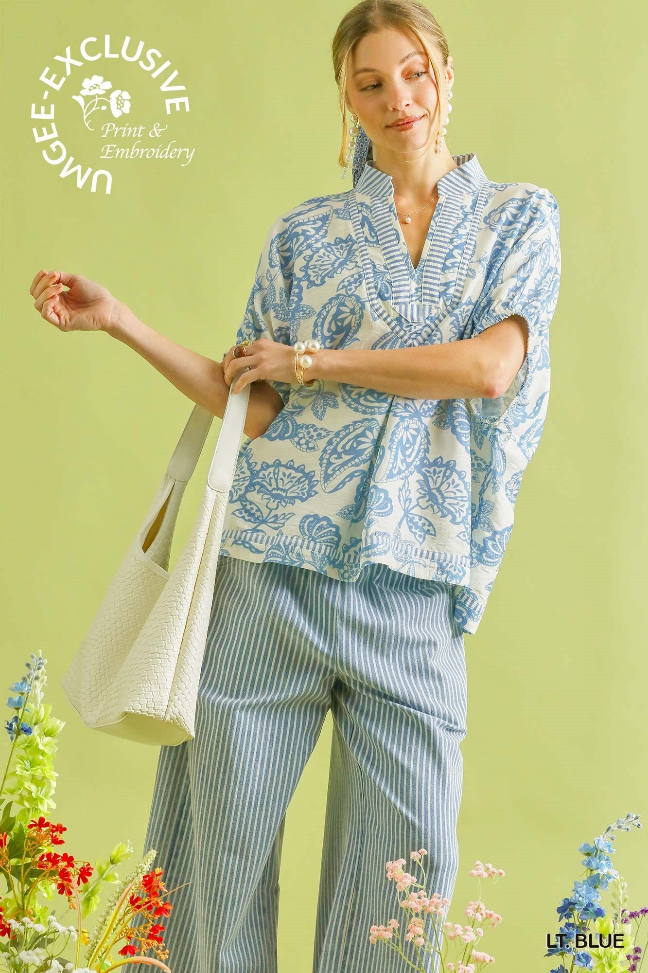 Botanical Print Mix Trim Top Blue - Simply Pink Boutique