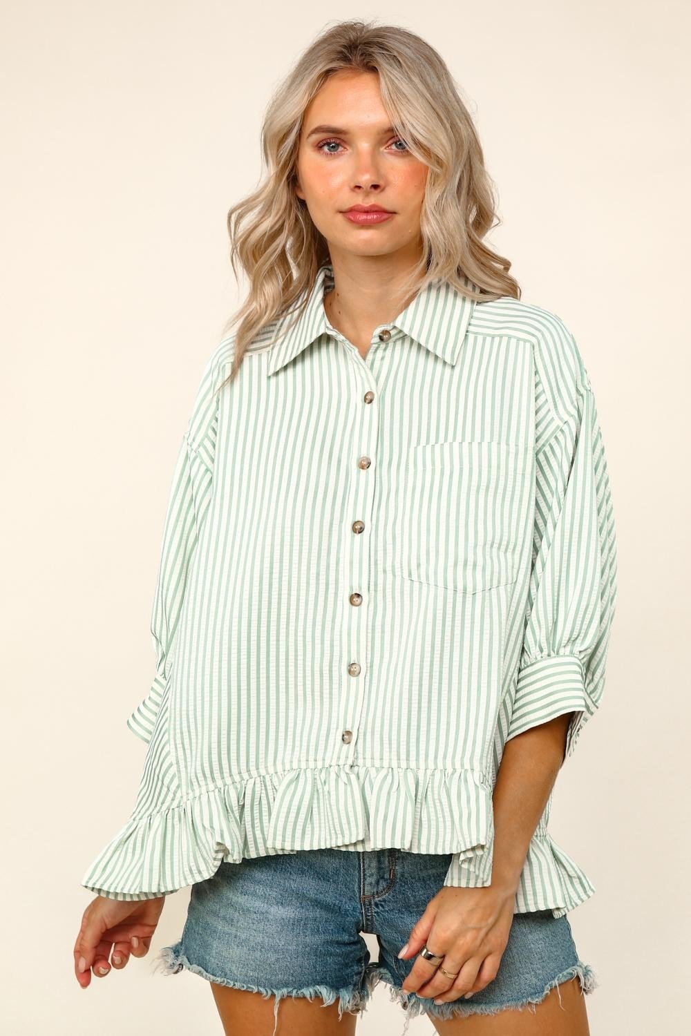 Collared Button Down Shirt with ruffle Sage - Simply Pink Boutique