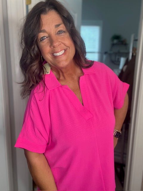Collared Hot Pink V Neck Top - Simply Pink Boutique