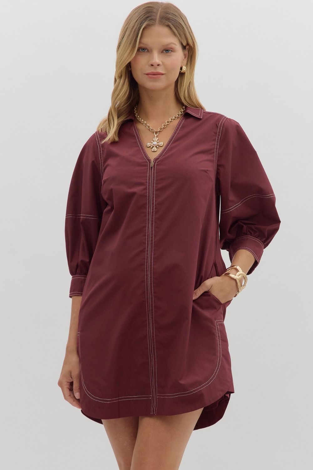 Zipper Front Closure Mini Dress-chocolate
