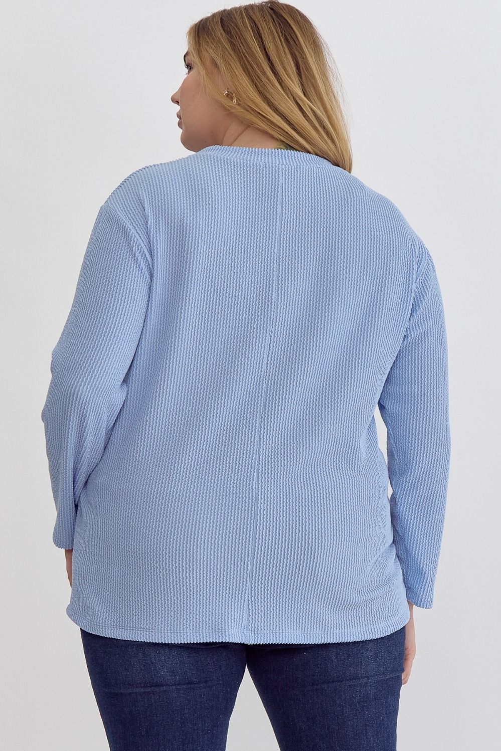 Light Blue Ribbed Round Neck Long Sleeve Top-Curvy