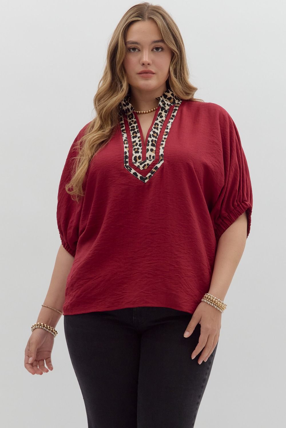 Garnet Dolman Sleeve Top with Animal Print Detail