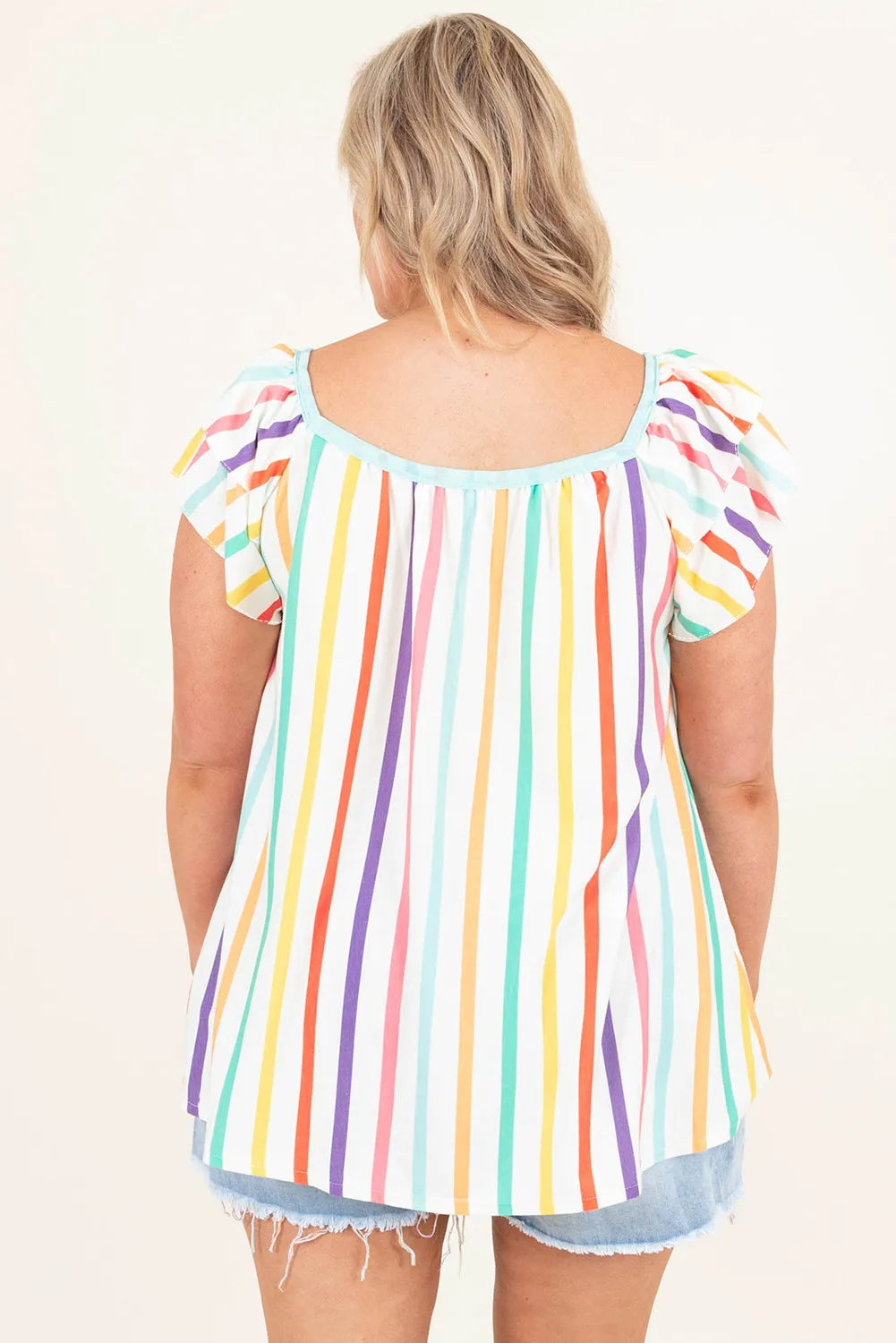 White Striped Ruffled Sleeve Plus Size Blouse