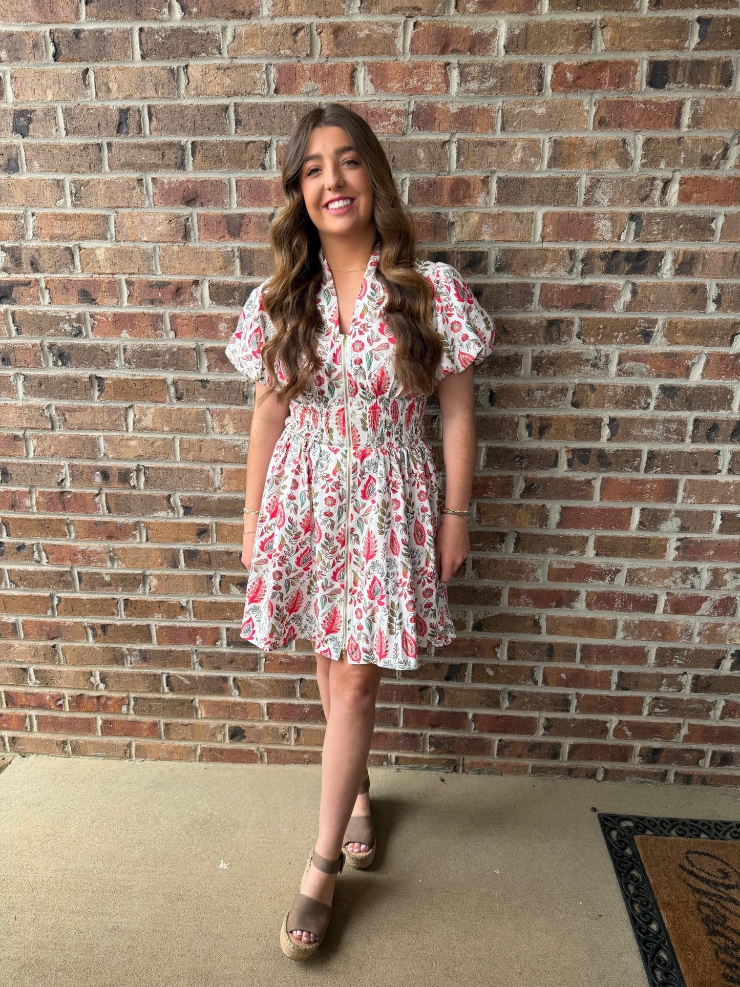 Leaf Print Zipper Dress - Red - Simply Pink Boutique