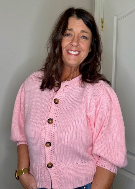Pink Short Puff Sleeve Button Down Sweater - Simply Pink Boutique