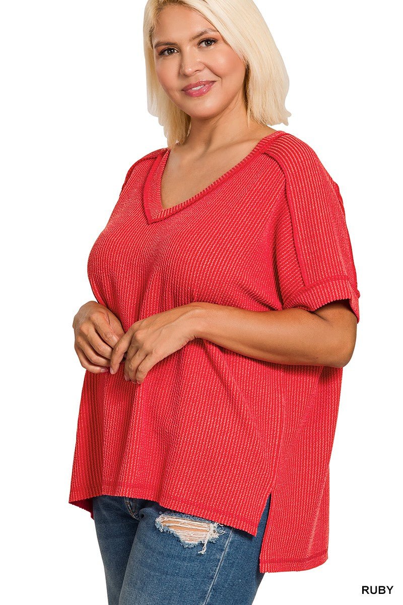 Plus Raised Rib Short Sleeve Hi - Low V neck top RED - Simply Pink Boutique