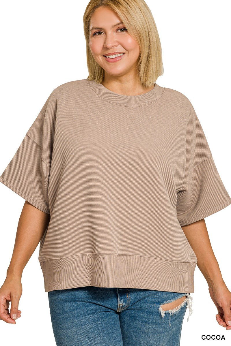 Plus Ribbed Neck Top - Cocoa - Simply Pink Boutique