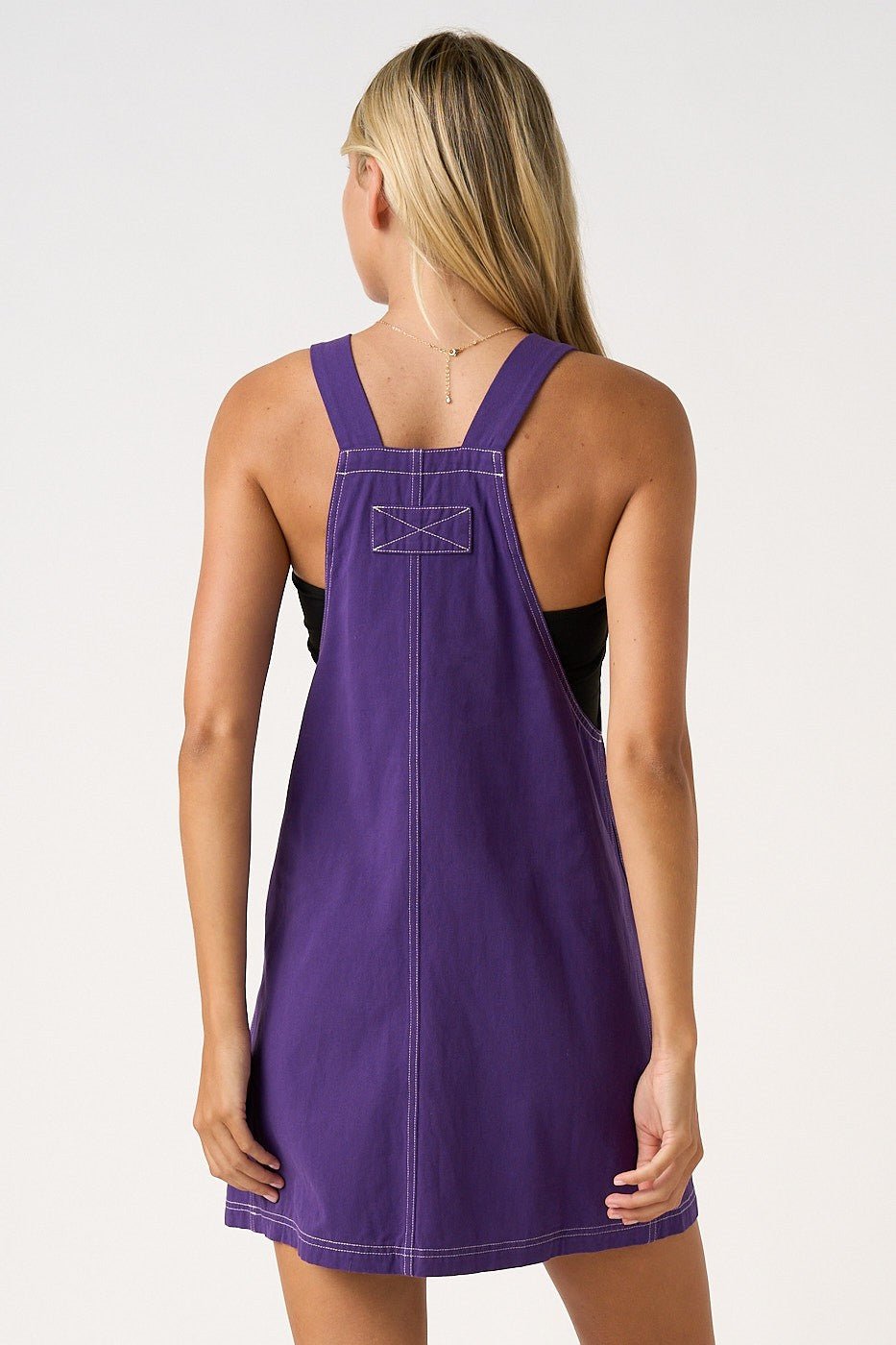 Purple Contrast Stitch Bib Overall Mini Dress - Simply Pink Boutique
