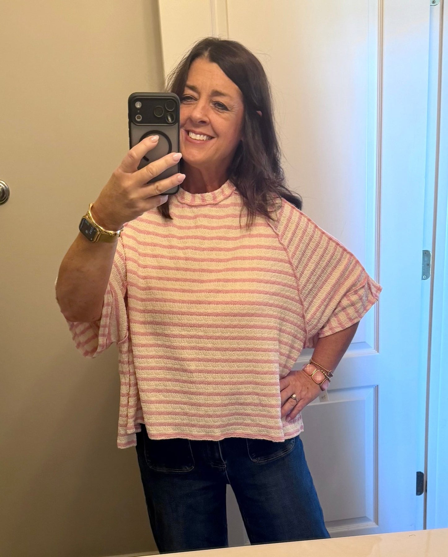 Round Neck Textured Top - Simply Pink Boutique