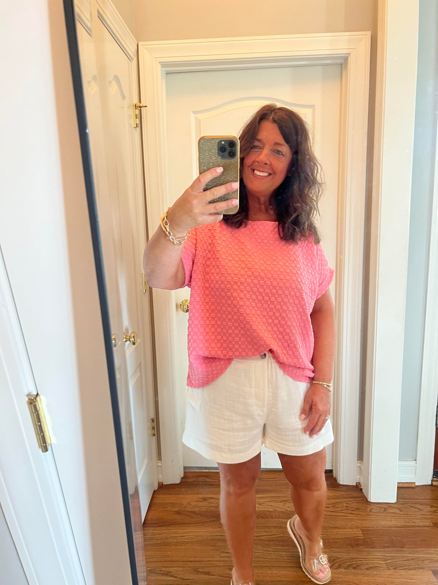 Back Button Textured Top-Coral Pink