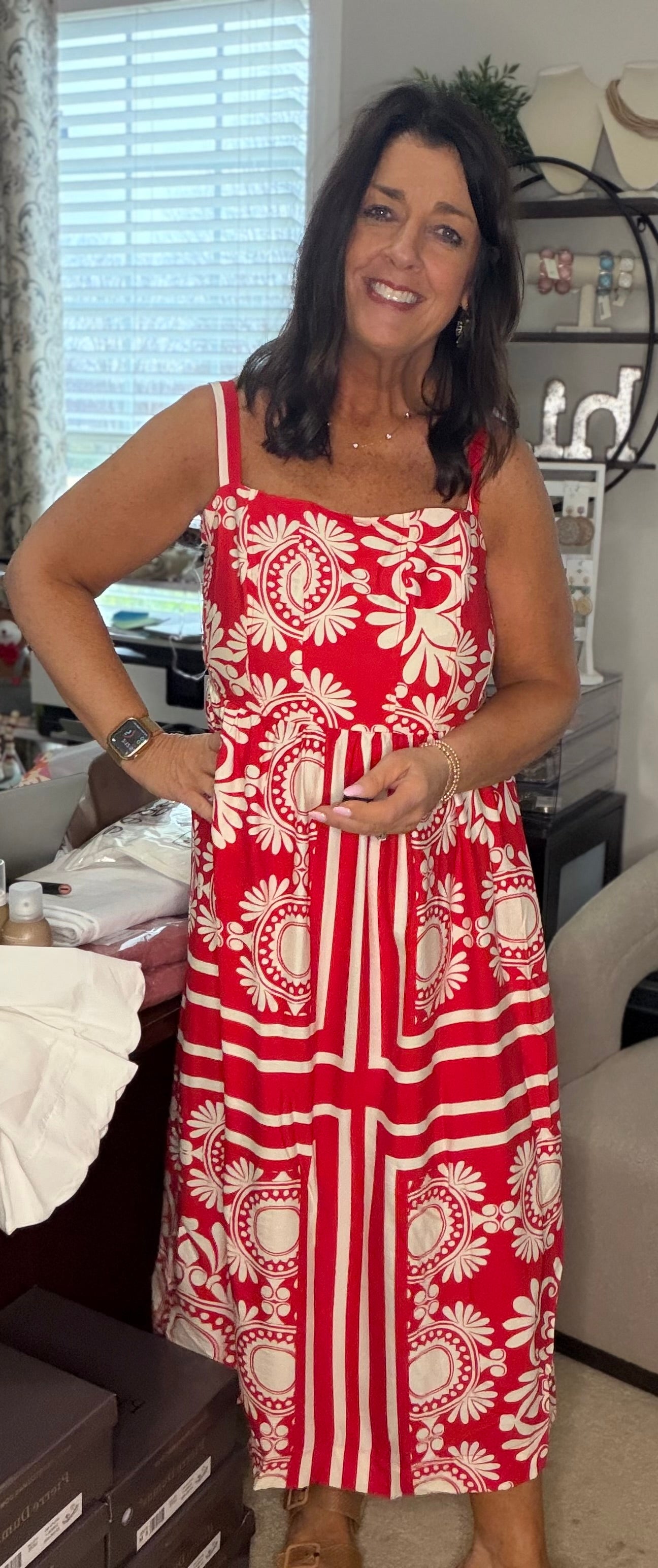 Two Tone Print Midi Dress-Red