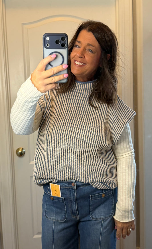 Blue Two Tone Ribbed Knit Sweater Vest