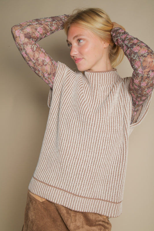 Mocha Two Tone Ribbed Knit Sweater Vest