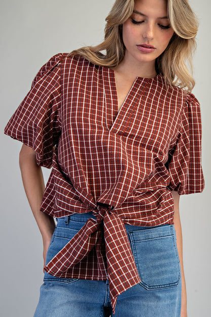 Plaid Tie Front Button Back Blouse in Vintage Red
