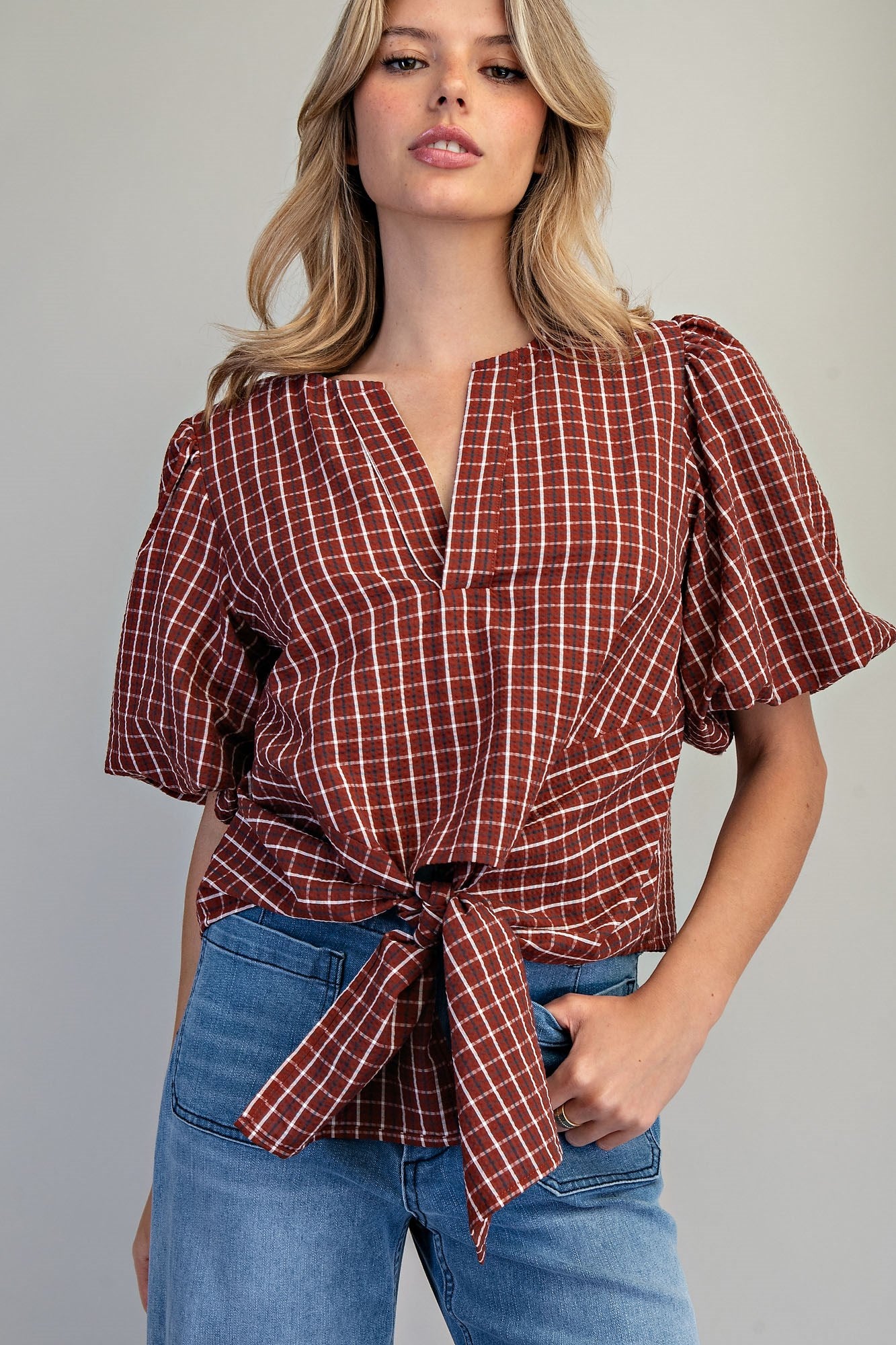 Plaid Tie Front Button Back Blouse in Vintage Red