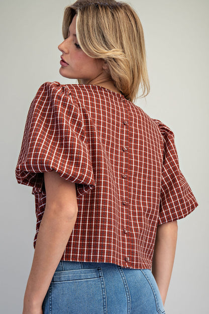 Plaid Tie Front Button Back Blouse in Vintage Red
