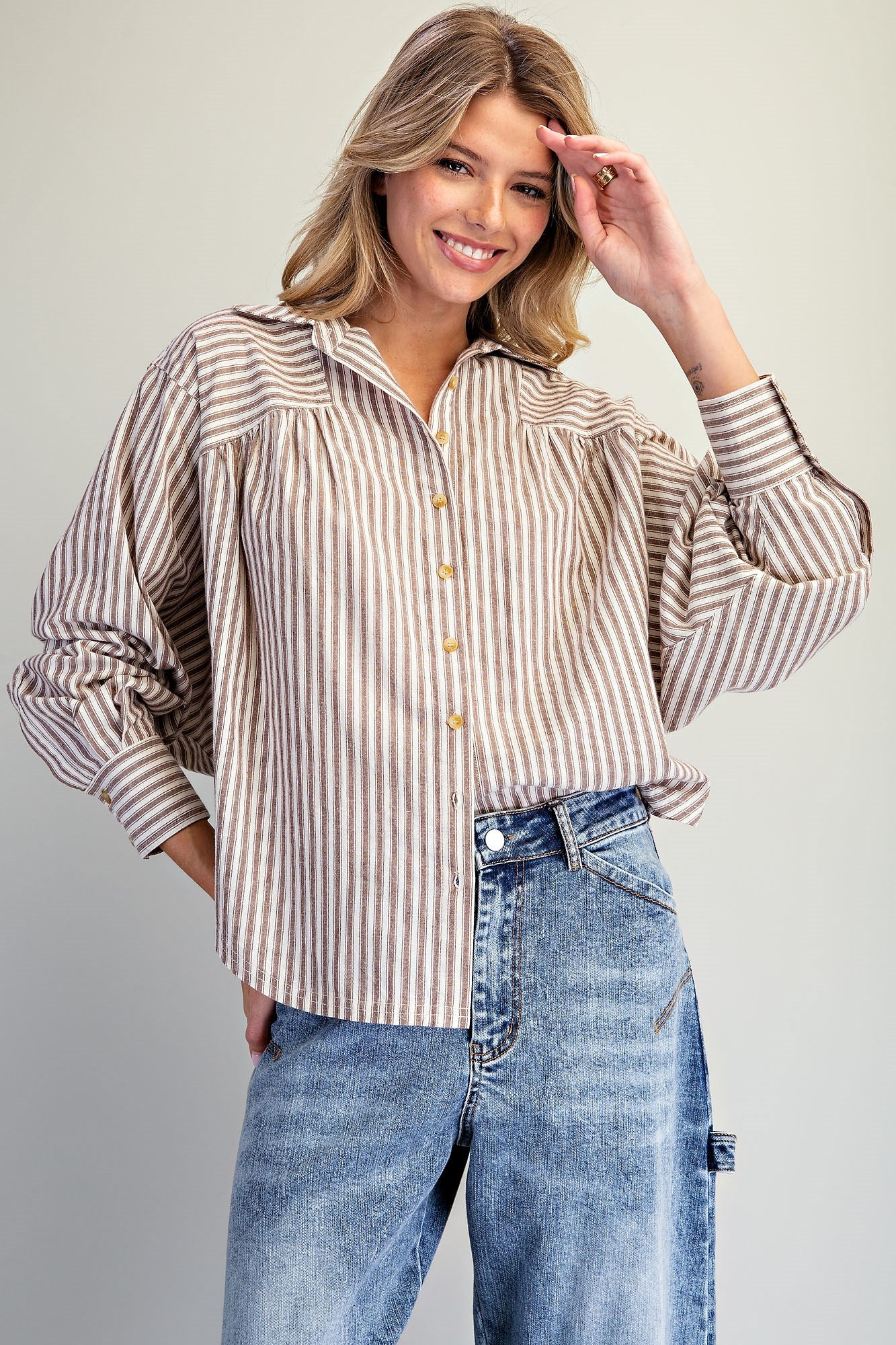 Mocha Latte Soft Washed Striped Dolman Blouse