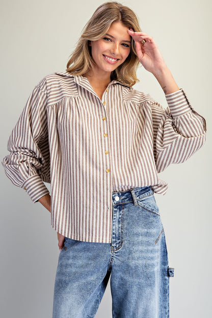 Mocha Latte Soft Washed Striped Dolman Blouse
