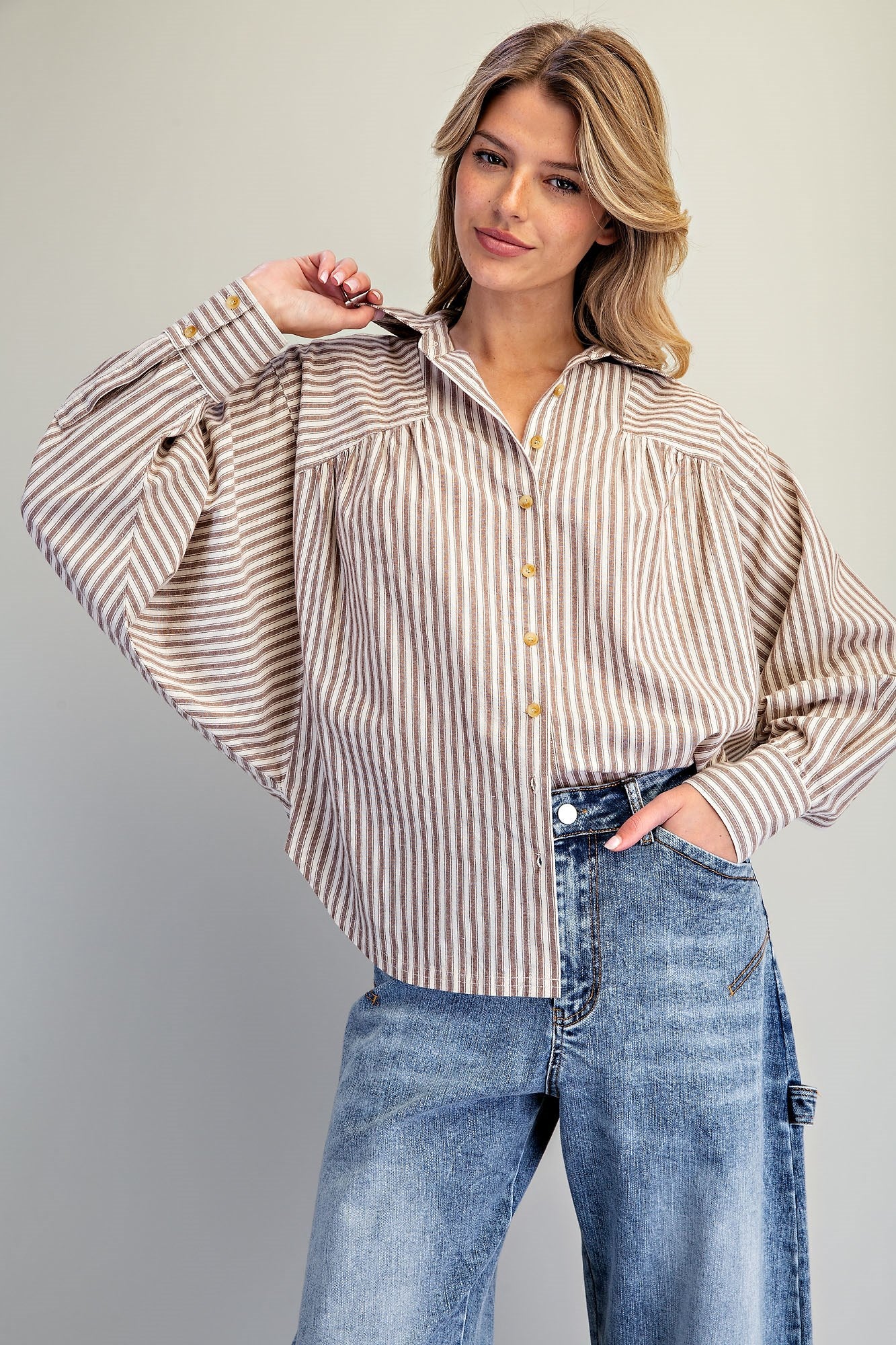 Mocha Latte Soft Washed Striped Dolman Blouse