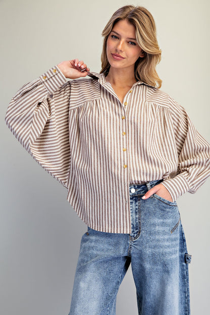 Mocha Latte Soft Washed Striped Dolman Blouse