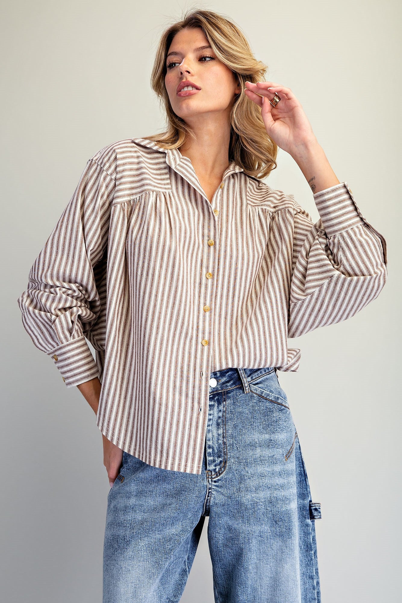 Mocha Latte Soft Washed Striped Dolman Blouse