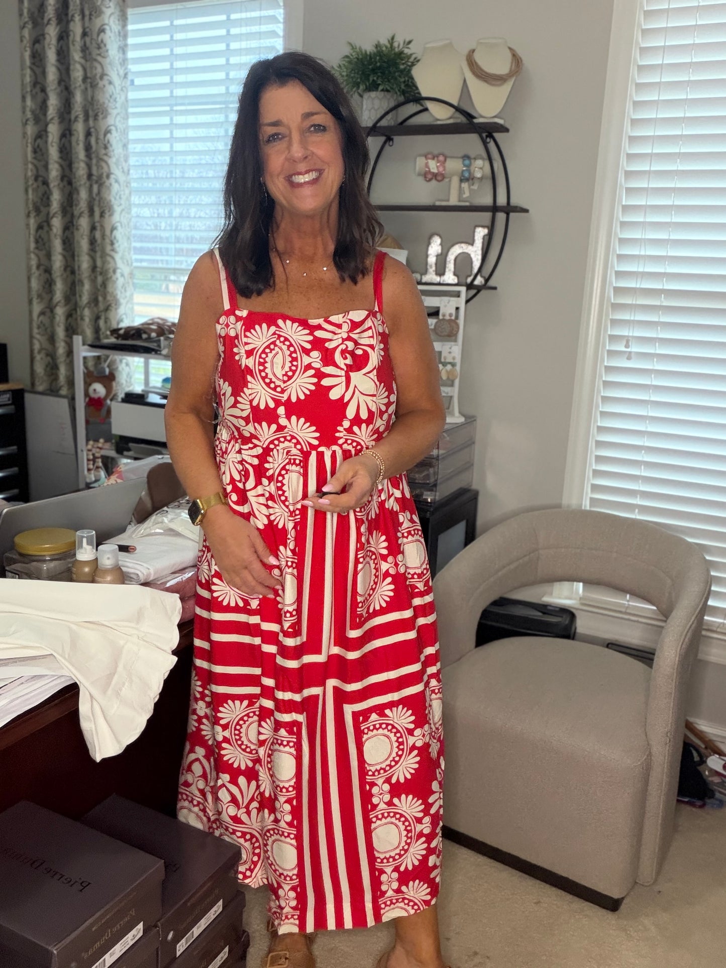 Two Tone Print Midi Dress-Red