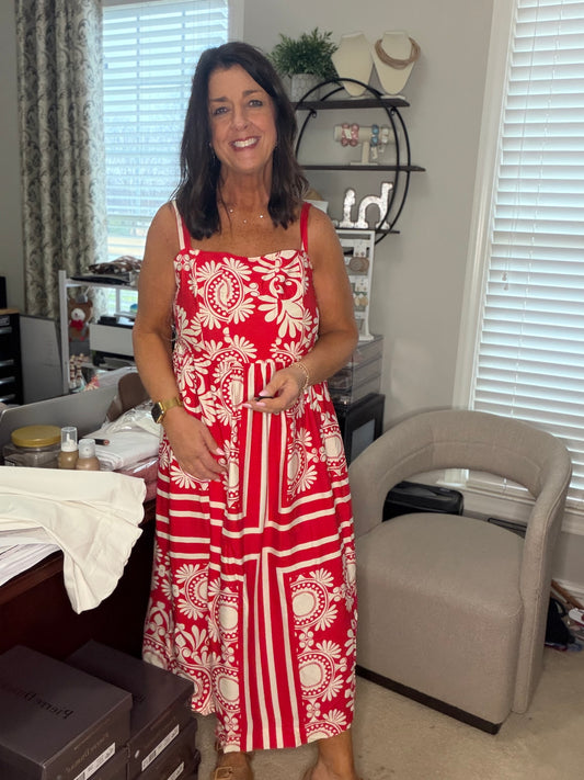 Two Tone Print Midi Dress-Red