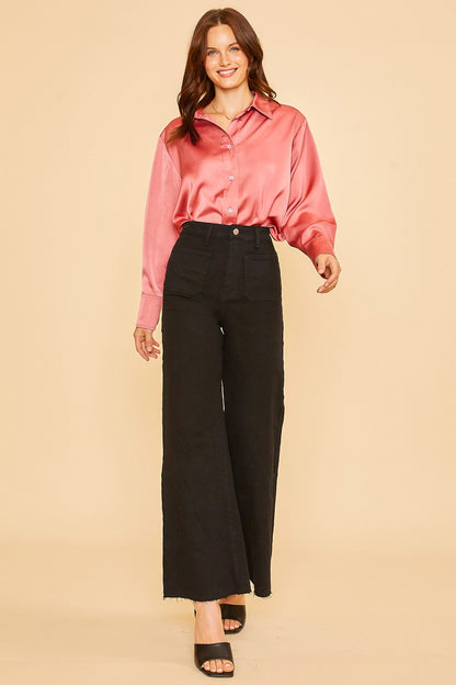 Front Two Pocket Stretch Wide Leg Denim Jeans-Black