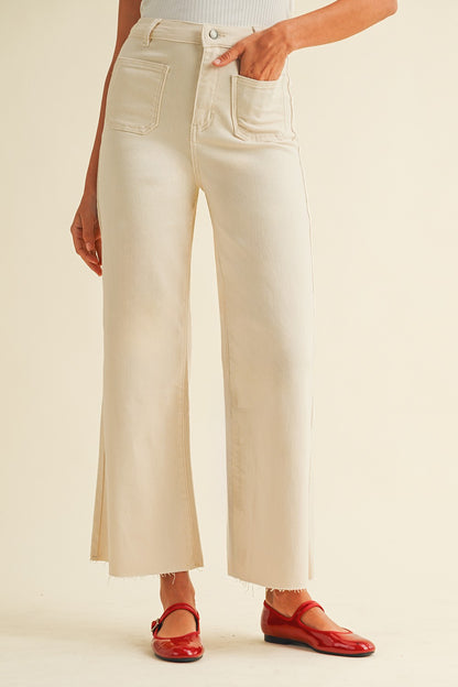 Front Two Pocket Stretch Wide Leg Denim Jeans-Oatmeal