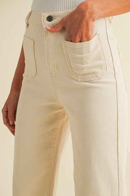 Front Two Pocket Stretch Wide Leg Denim Jeans-Oatmeal
