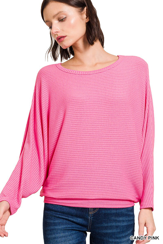 Pink Ribbed Batwing Long Sleeve Boat Neck Top