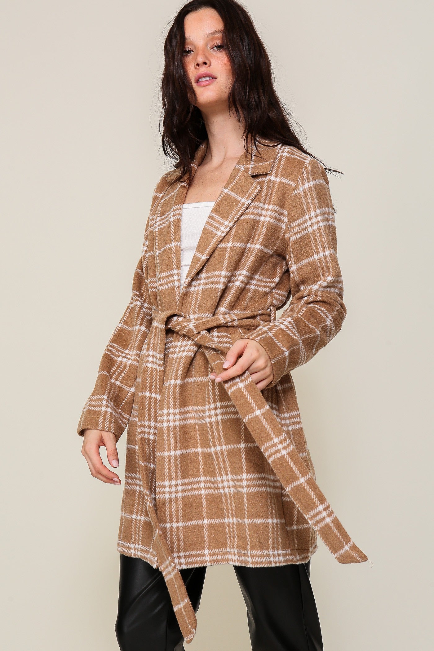 Camel/White Plaid Open Front Coat