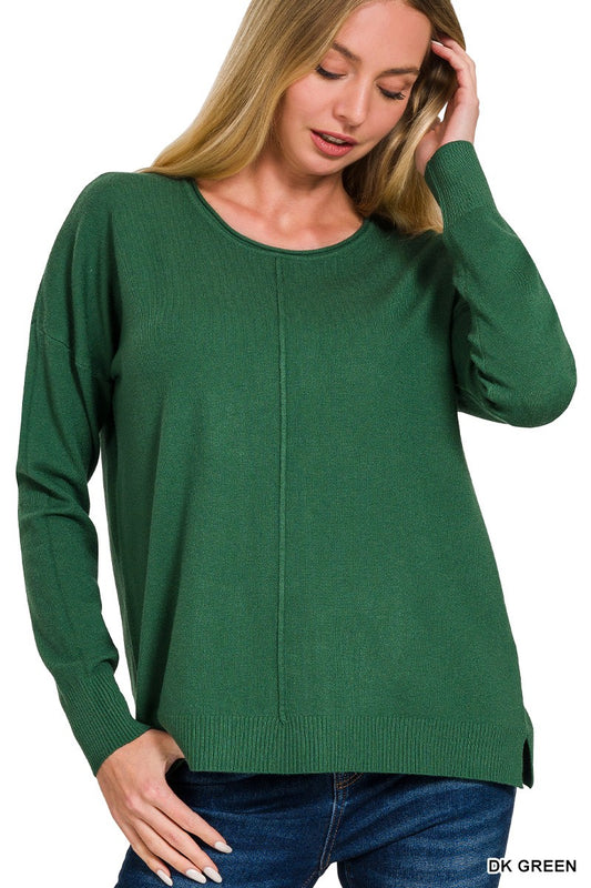 Front Seam Round Neck Sweater Dark Green