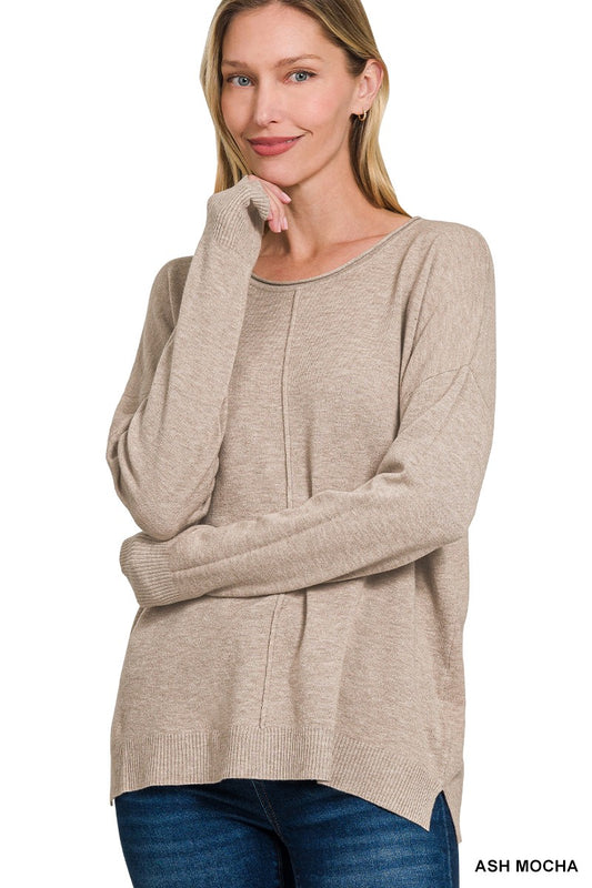 Front Round Neck Seam Sweater-Ash Mocha