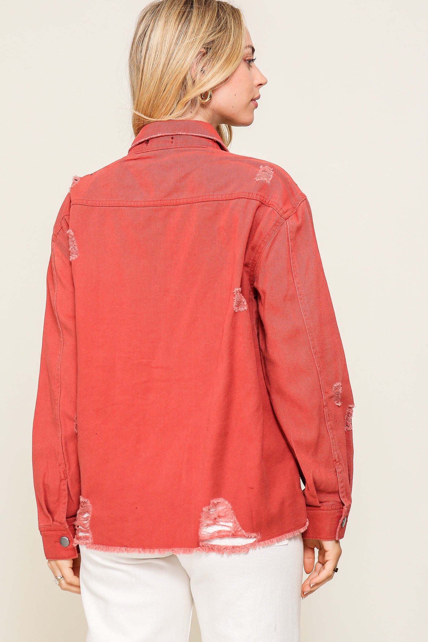 D Mauve (Brick) LS Distressed Button Down Jacket