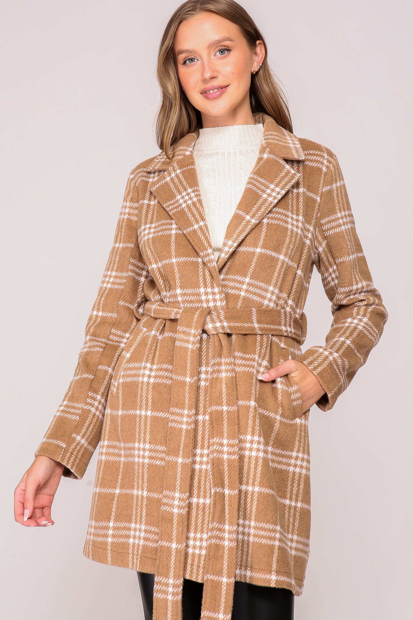 Camel/White Plaid Open Front Coat
