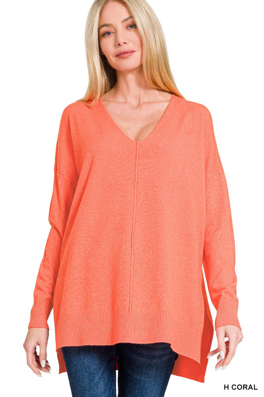 Coral HI-LOW HEM V-NECK CENTER SEAM SWEATER